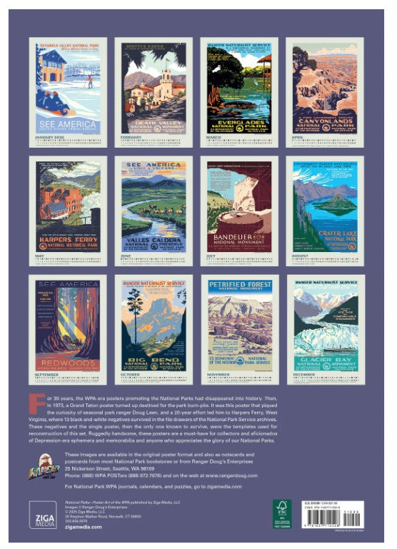 2026 National Parks WPA Poster Art Large Wall Calendar