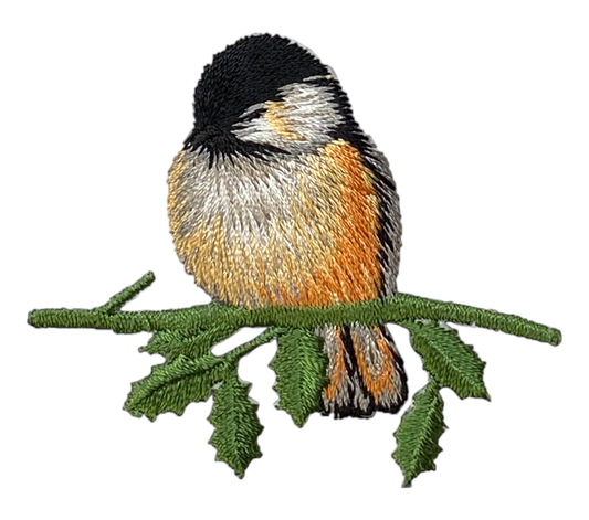 Chickadee Bird, Sitting on Branch, Facing Left Iron on Patch